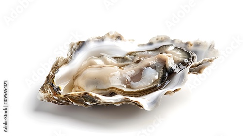 A fresh oyster displayed in its shell, highlighting its natural texture and sheen.