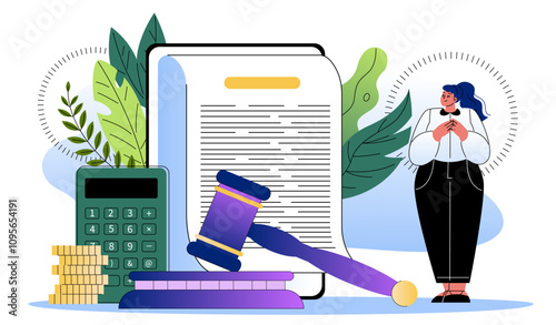 Woman with law justice. Young girl near hammer, calculator and document. Legal support and advice. Justice and jurisprudence. Flat vector illustration