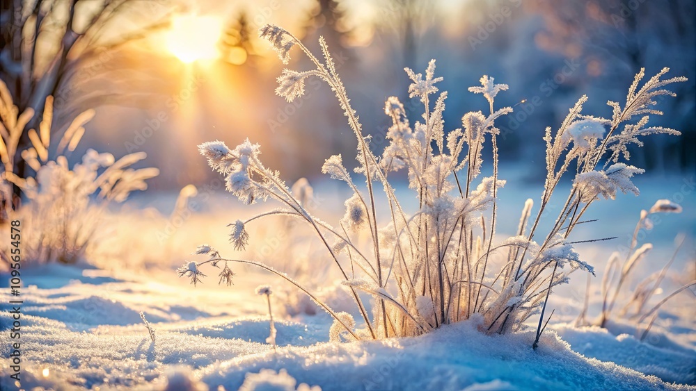 Obraz premium Winter sunrise illuminates frost-covered plants in a snowy landscape