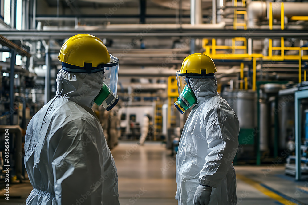 Workers in hazmat suits performing safety protocols in a chemical plant, with warning signs and safety equipment in the background, intense and professional setting
Workers in hazmat suits performing safety protocols in a chemical plant, with warning signs and safety equipment in the background, intense and professional setting