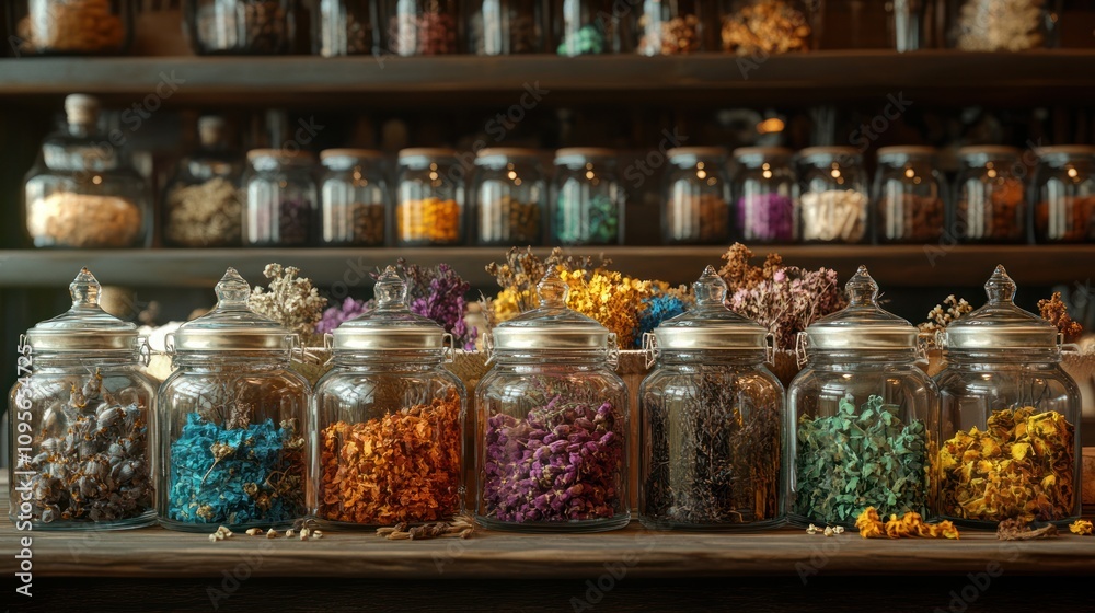 Colorful dried flowers in glass jars.