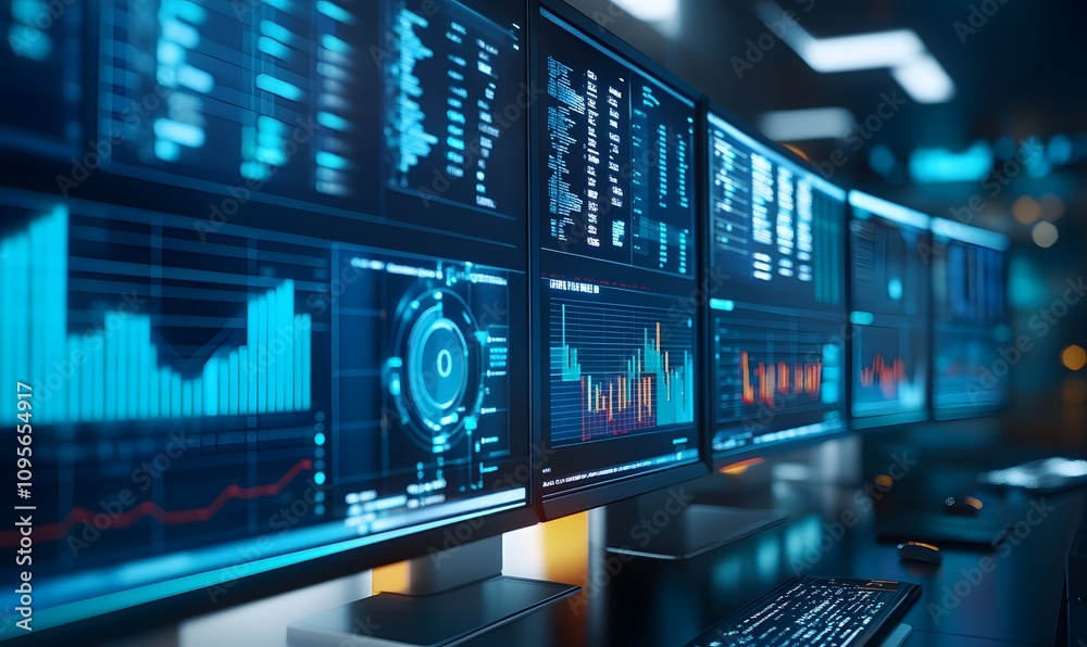 Multiple monitors displaying data analytics charts and graphs in a dark room. Multiple monitors displaying data analytics charts and graphs in a dark room.