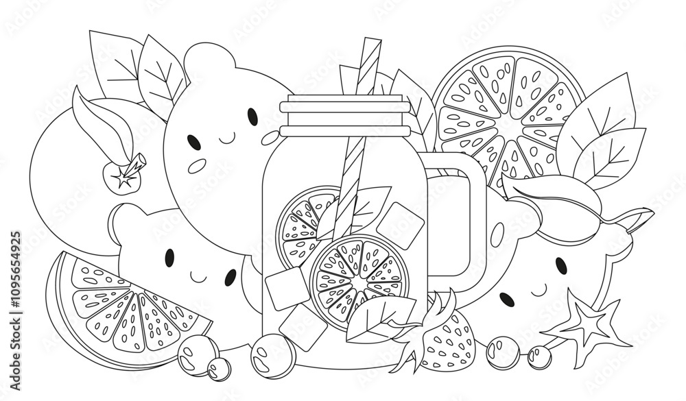 Lemonade coloring page. Jar with cold drink and lemon slices. Dessert and delicacy, beverage. Educational materials for children, development of creative skills. Linear vector illustration