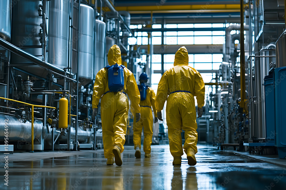 Workers in hazmat suits performing safety protocols in a chemical plant, with warning signs and safety equipment in the background, intense and professional setting


