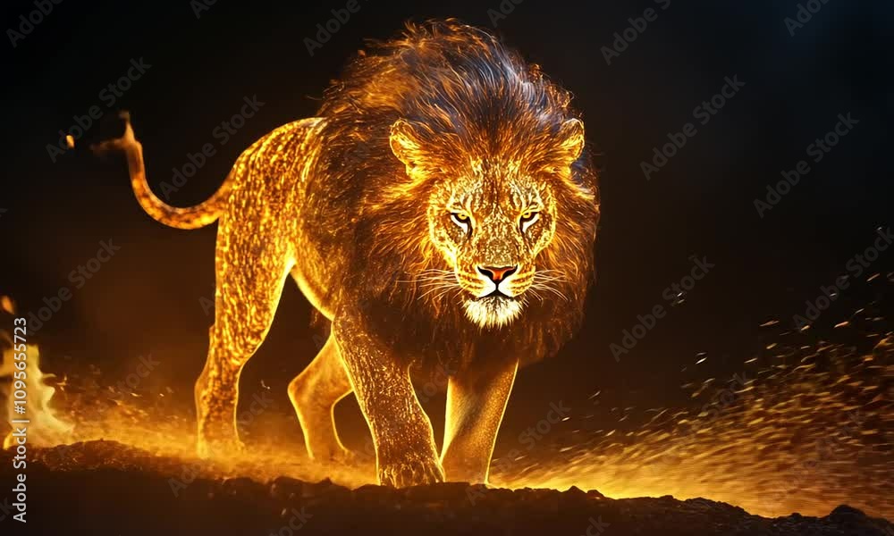 Fiery lion walking through flames.