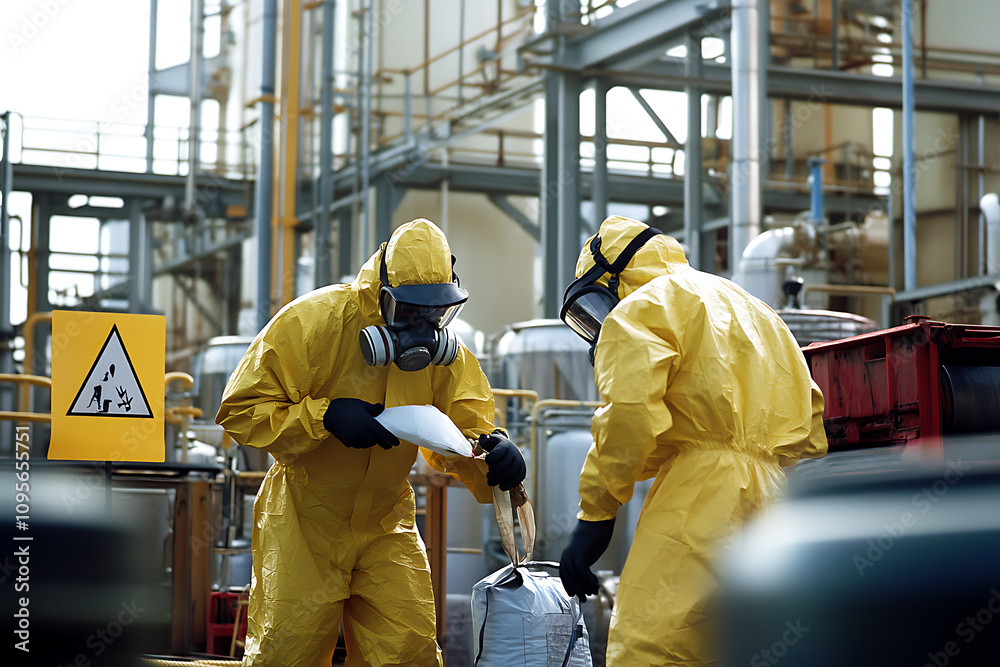 Workers in hazmat suits performing safety protocols in a chemical plant, with warning signs and safety equipment in the background, intense and professional setting


