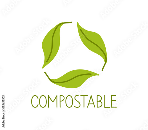 A simple green symbol with leaves indicating compostable materials for eco-friendly living