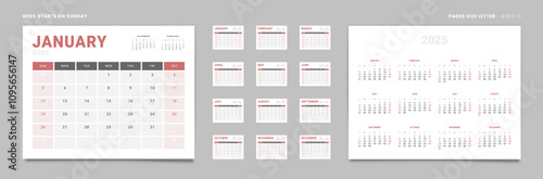 Set of 12 Pages Monthly Calendar Planner Templates and annual. Vector layout of a wall or desktop calendar with the week starting on Sunday ready for printing. Page size Letter -8.5x11