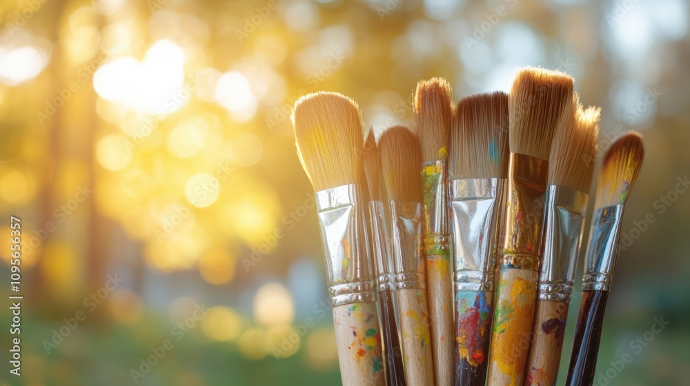 Creative Paintbrushes Glowing in Warm Sunset Light Creative Paintbrushes Glowing in Warm Sunset Light