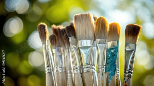 Artistic Close-Up of Paintbrushes with Colorful Bristles in Nature photo