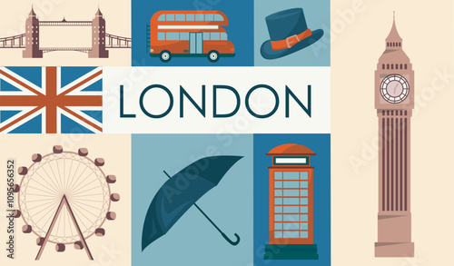 London icons set. Big Ban, double decker bus, hat and black umbrella, telephone booth, ferris wheel and British flag. International landmark. Travel and tourism. Flat vector illustration