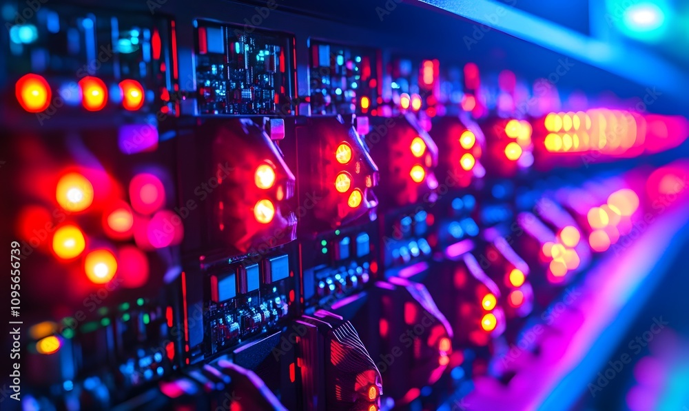 Illuminated server rack with colorful lights.