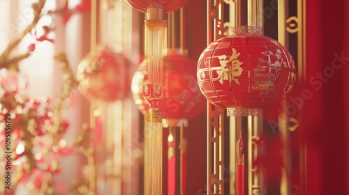 A vibrant and festive stock photo featuring elements of Chinese New Year celebrations. 