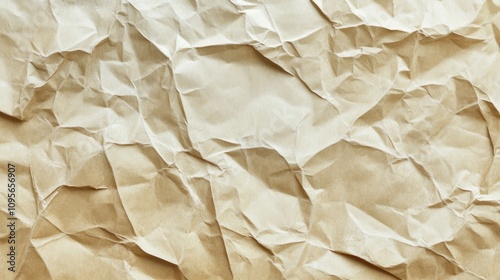 A piece of paper with a lot of wrinkles. It is brown in color. The paper is crumpled and torn