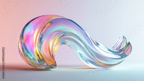Futuristic abstract wave shape with an iridescent hologram effect, glass background.	