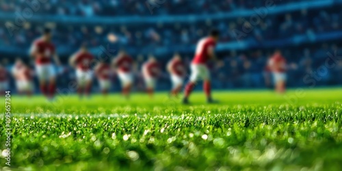 A blurred view of a soccer field with players in red uniforms, showcasing the excitement of a sports event in a packed stadium.