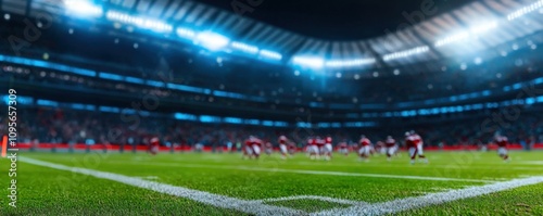 A vibrant football stadium scene captures players in action under bright lights, showcasing the excitement of the game.