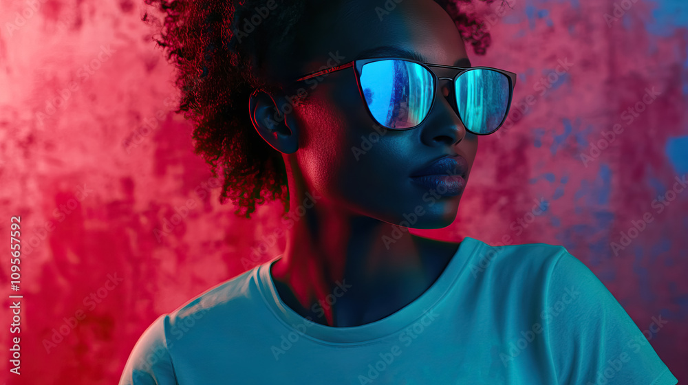 close up black woman with sunglasses against abstract red and pink background. close up black woman with sunglasses against abstract red and pink background.