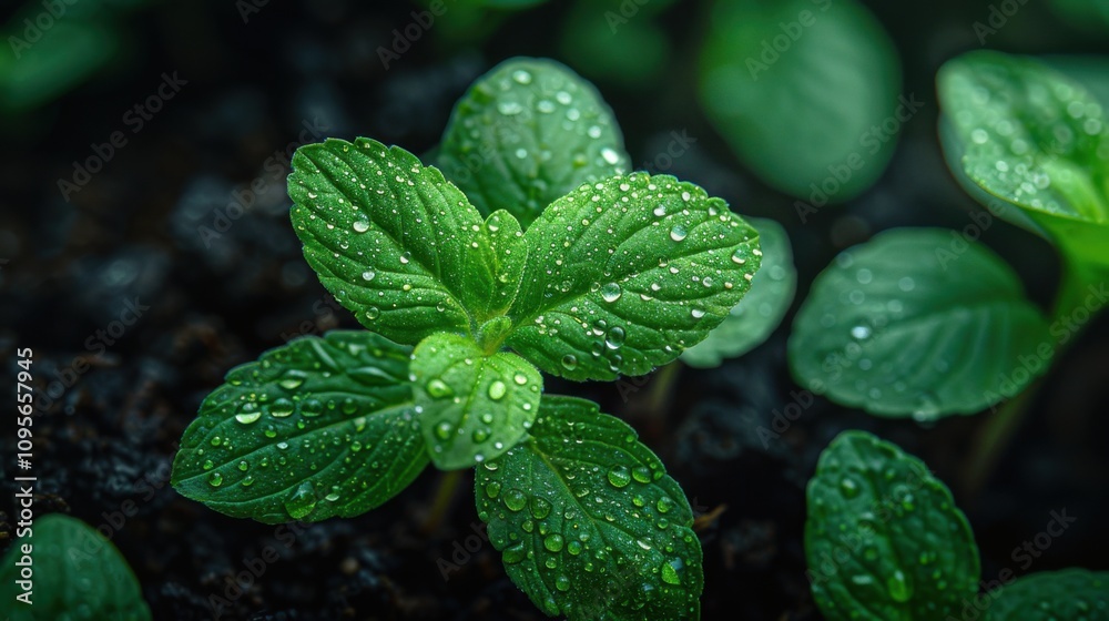 Small plant with water droplets on it, plant background, copy space Small plant with water droplets on it, plant background, copy space