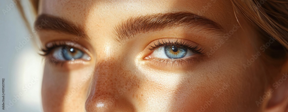 Naklejka premium Captivating Close-Up of a Young Woman's Face Highlighting Stunning Blue Eyes and Natural Beauty with Delicate Freckles and Sunlit Shadow Play