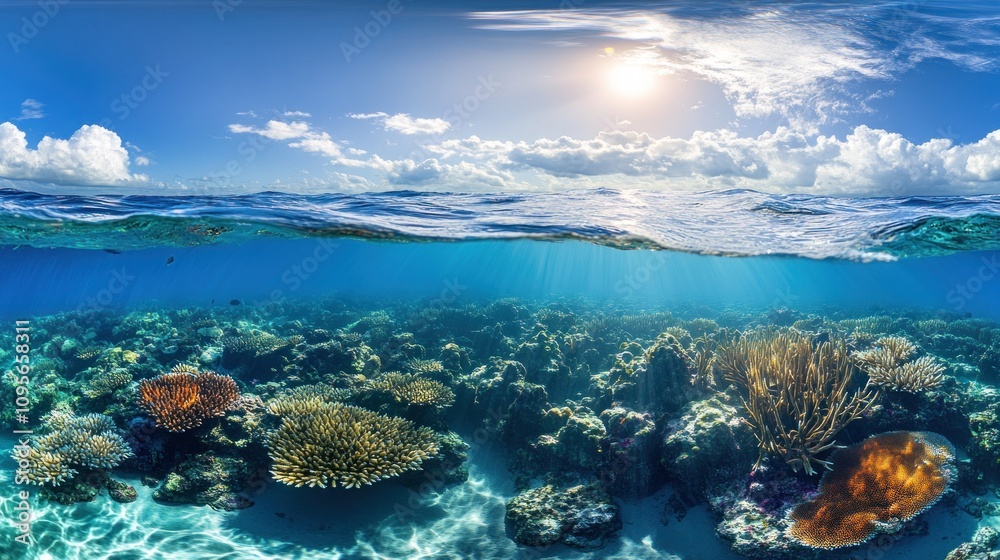 Naklejka premium A beautiful blue ocean with a lot of coral and fish