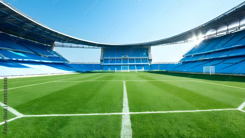 grassy football pitch at stadium at sunny day with blue sky grassy football pitch at stadium at sunny day with blue sky