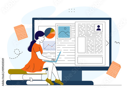 Woman with online documents. Young girl with laptop read electronic document. Digital file form with statistics. Graphs and diagrams. Linear vector illustration