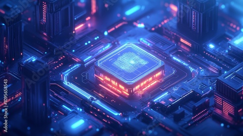 Futuristic CPU, glowing neon circuit board, digital city.