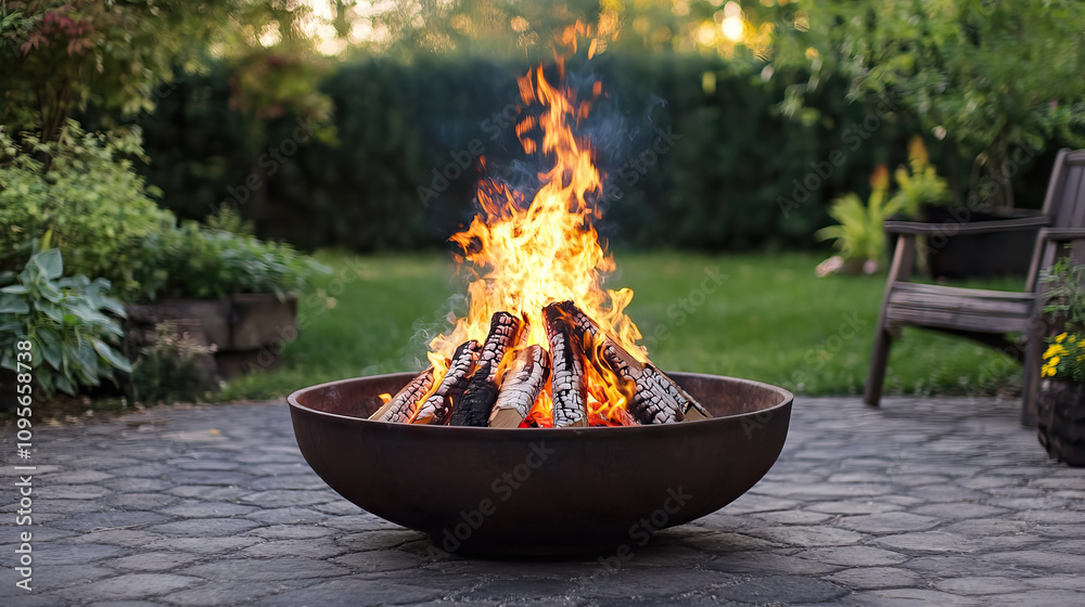 Sunny Outdoor Patio with Cast iron fire pit and Wicker Chairs in garden, Suburban Deck. Sunny Outdoor Patio with Cast iron fire pit and Wicker Chairs in garden, Suburban Deck.