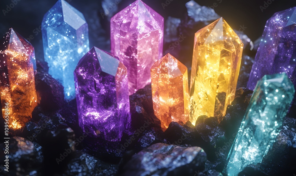 Vibrant, glowing crystals embedded in dark rock. Vibrant, glowing crystals embedded in dark rock.