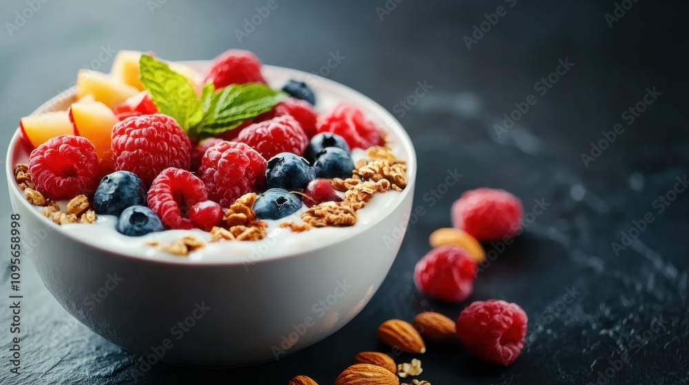 A vibrant bowl of yogurt topped with fresh berries, granola, and mint, set against a dark background, exemplifying a healthy breakfast option. A vibrant bowl of yogurt topped with fresh berries, granola, and mint, set against a dark background, exemplifying a healthy breakfast option.
