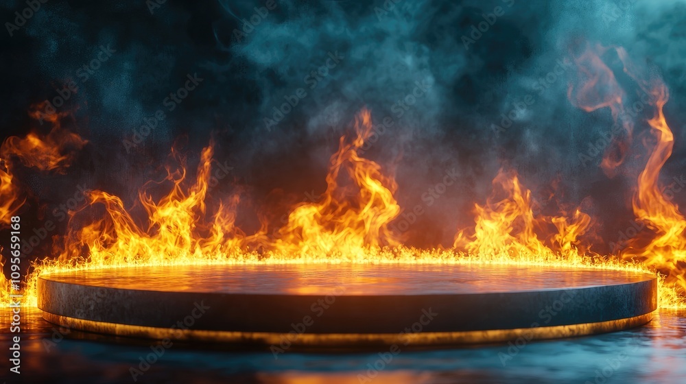 Fototapeta premium A circular platform surrounded by a ring of fire with smoke in the background.