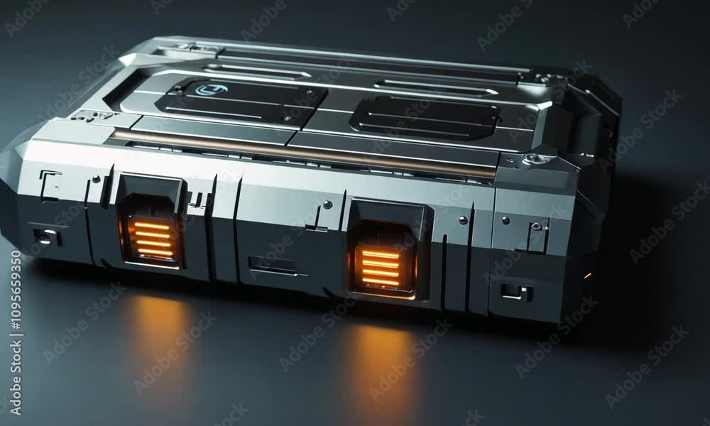 Futuristic metallic container with illuminated details. Futuristic metallic container with illuminated details.
