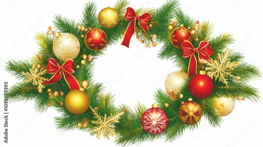 Festive Christmas wreath with red and gold ornaments. Festive Christmas wreath with red and gold ornaments.