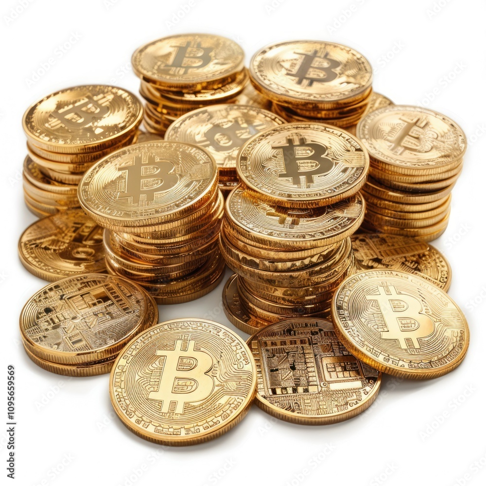 Background of gold coins with bitcoin sign isolated on white background Background of gold coins with bitcoin sign isolated on white background