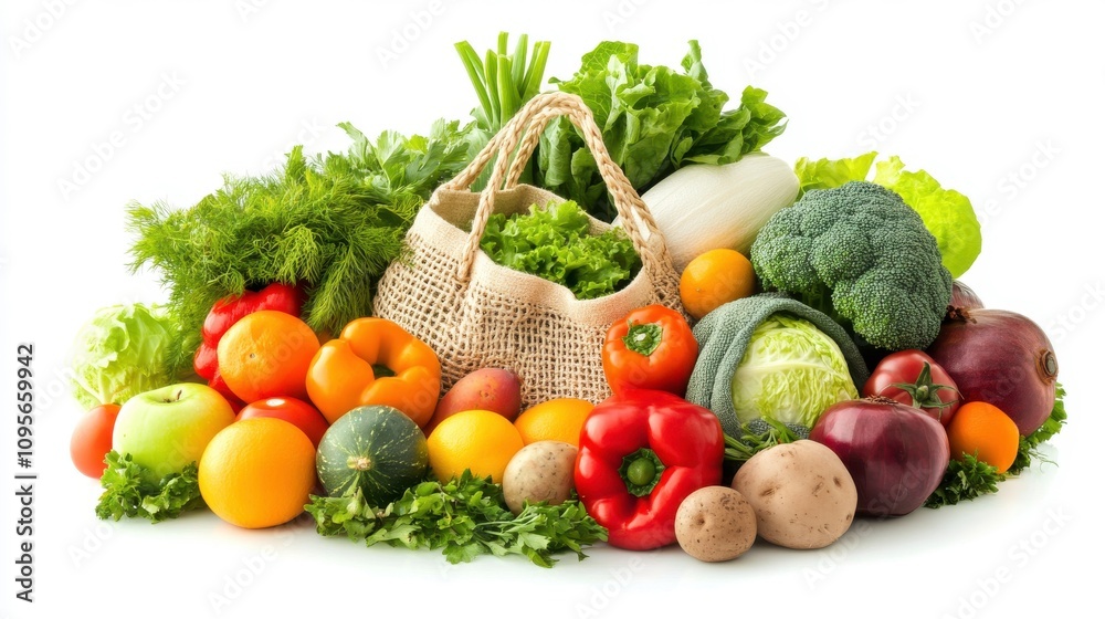A variety of fresh vegetables and fruits arranged with a woven basket. A variety of fresh vegetables and fruits arranged with a woven basket.