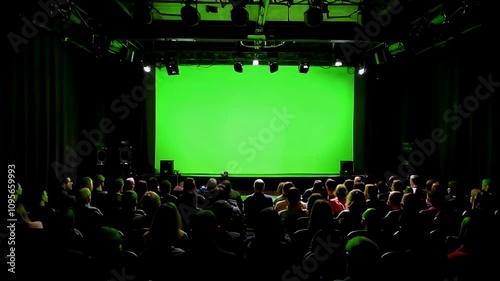 A movie theater with a green screen setup projected in front of an audience.