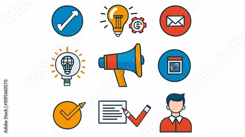 A set of 15 black outline icons representing key elements of digital marketing strategy  including strategic planning  teamwork  process improvement