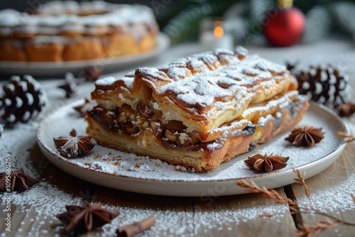 Plate with a pastry on it on a table, stollen christmas pie, food background