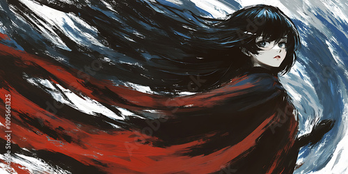 Ink-Stained Dreams: A young woman with flowing black hair, shrouded in a crimson cape, stands against a backdrop of swirling blue and black ink. Her eyes gaze into the distance.