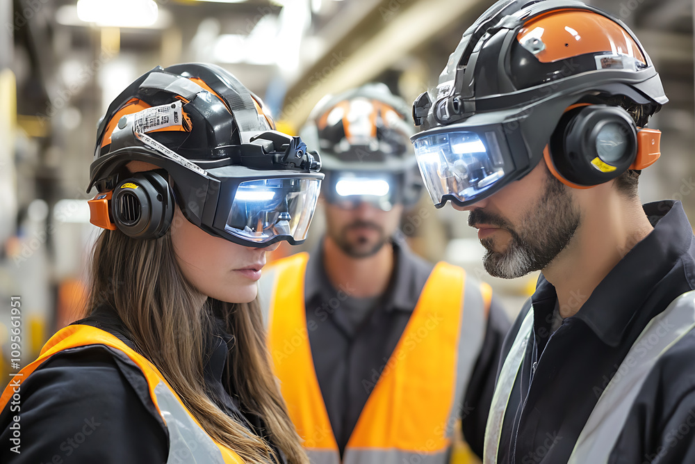 Workers wearing smart safety helmets with built-in sensors and communication tools, highlighting innovation and technology in workforce safety on an industrial site.
Workers wearing smart safety helmets with built-in sensors and communication tools, highlighting innovation and technology in workforce safety on an industrial site.