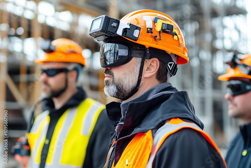 Workers wearing smart safety helmets with built-in sensors and communication tools, highlighting innovation and technology in workforce safety on an industrial site. 