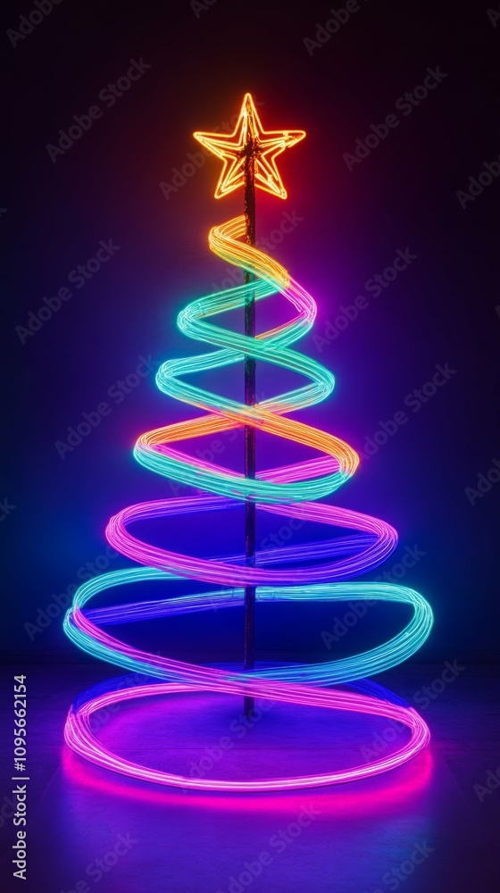 Vibrant neon light trails form a dazzling Christmas tree, a modern festive display. Vibrant neon light trails form a dazzling Christmas tree, a modern festive display.
