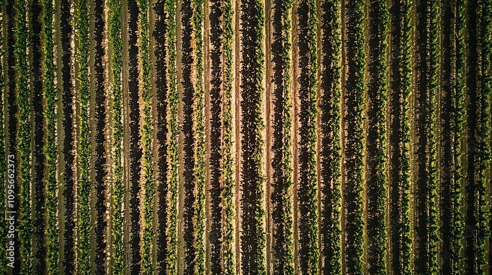 Aerial view of a lush sprawling vineyard with rows of grapevines stretching into the distance Aerial view of a lush sprawling vineyard with rows of grapevines stretching into the distance