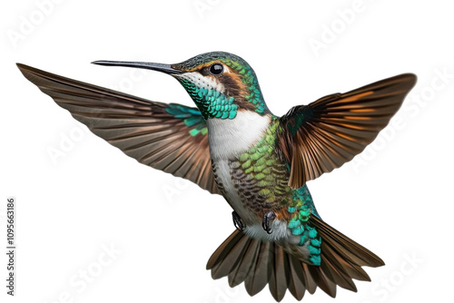 Colorful hummingbird in mid-flight with detailed feathers isolated on transparent background- ideal for nature-themed design projects and wildlife art illustrations photo