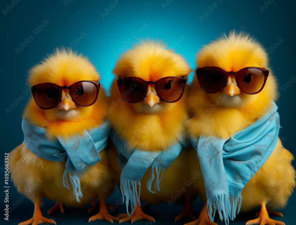 three cute, yellow chicken wearing sunglasses with blue backgrounds, three cute, yellow chicken wearing sunglasses with blue backgrounds,