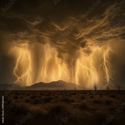 Lightning strikes amidst dust storm dramatic landscape outdoor environment nature's fury captivating viewpoint atmospheric phenomenon
