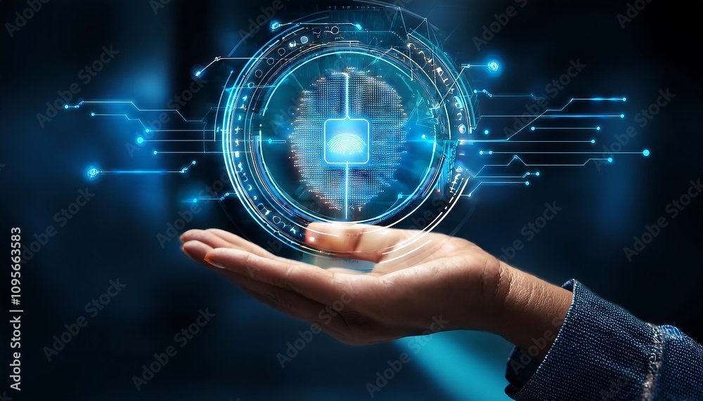 Close-up of hand with technology icons concept and touch towards the future. Close-up of hand with technology icons concept and touch towards the future.