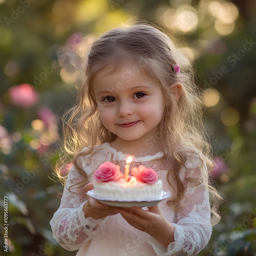 Little girl celebrating happy birthday party in a garden joyful moment outdoor setting close-up view childhood memories