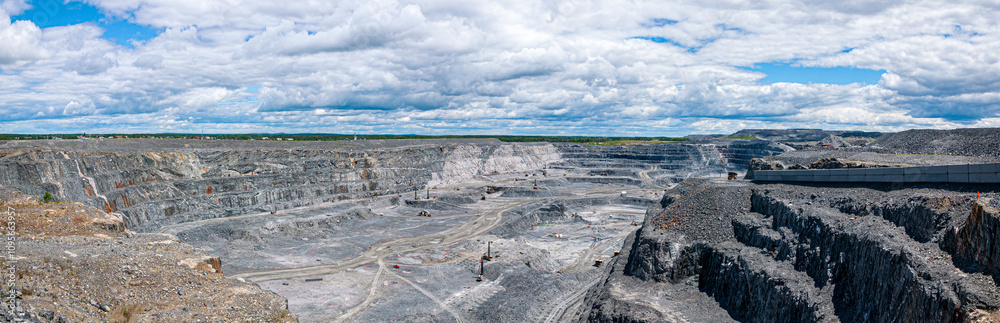 Fototapeta premium Panoramic view of the vast Malartic gold mine in Quebec, Canada, showcasing its impressive scale under a dynamic sky. Perfect for industrial and geological themes.